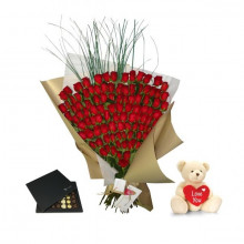 100 Rosas Mas Bombones y Peluche Oso Para Enamorar